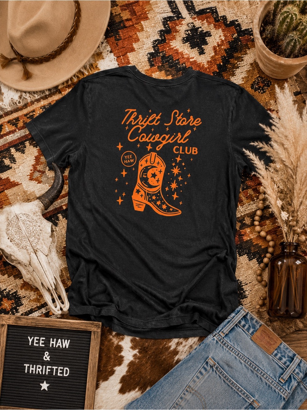 Oversized Upcycled “Thrift Store Cowgirl Club” Graphic Tee | Western Boho